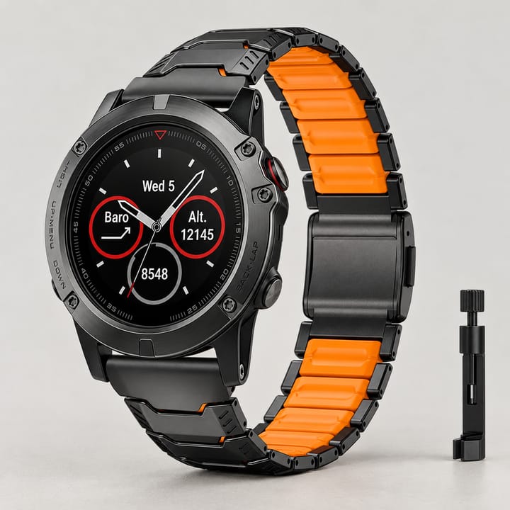 Black titanium link band with an orange center row and a magnetic clasp, fitted to a black watch, with the link tool
