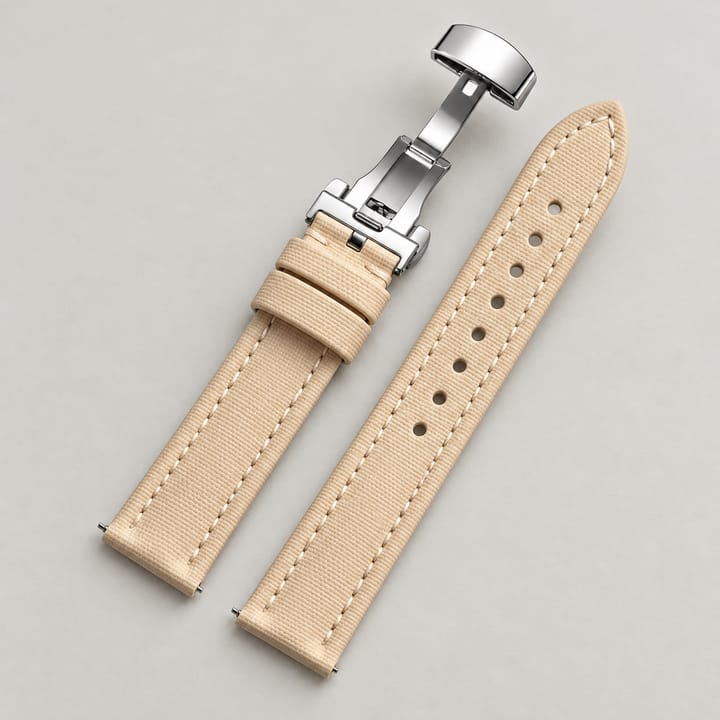 The Mooring in Beige: beige sailcloth watch band with tonal stitching and a silver-tone butterfly clasp