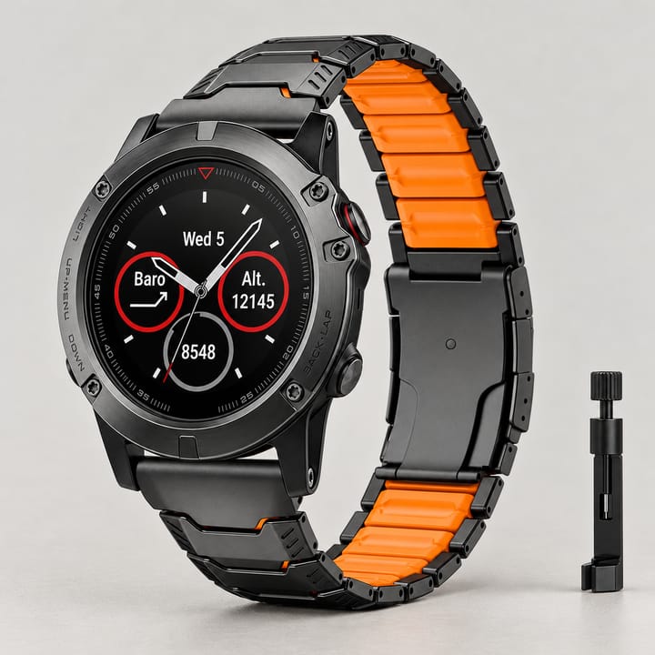 Black titanium link band with an orange center row and a fold clasp, with the link tool
