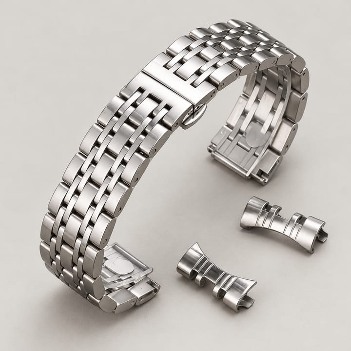 The Promenade in Silver, a steel link bracelet with its two curved end links