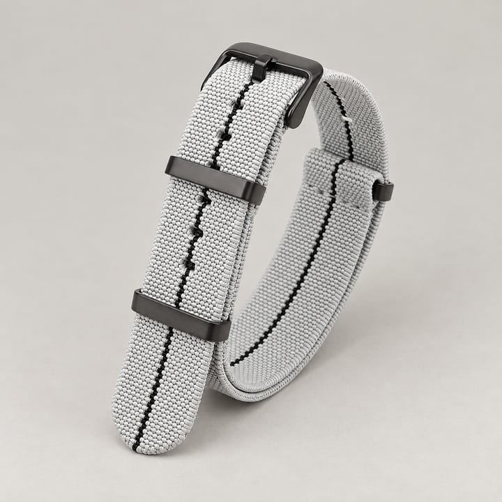 The Parachute Elastic NATO Strap, Gray and black stripe with black hardware