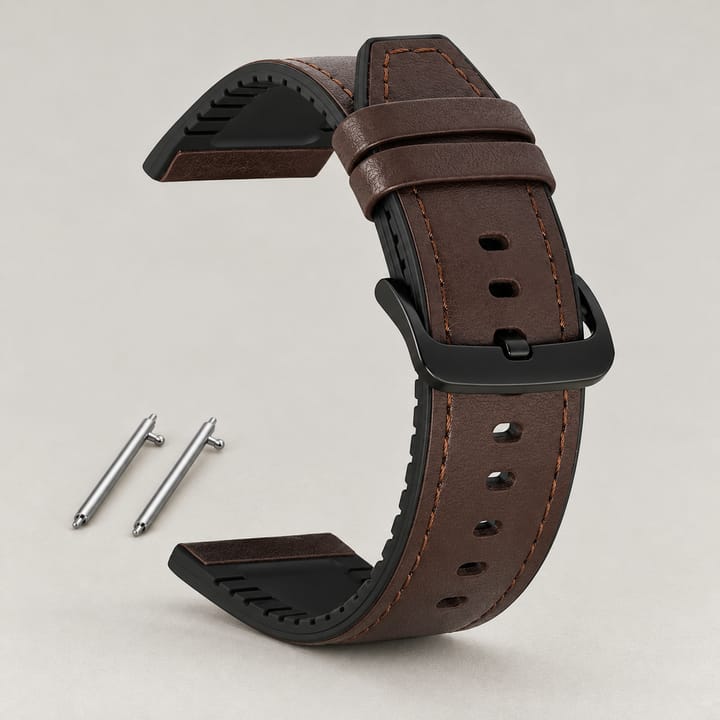 The Bridle in Dark Brown, dark brown leather with brown stitching on a black rubber backing