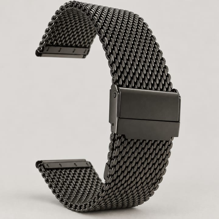 The Heavy Mesh in black, close-up of the coarse weave and the closed clasp