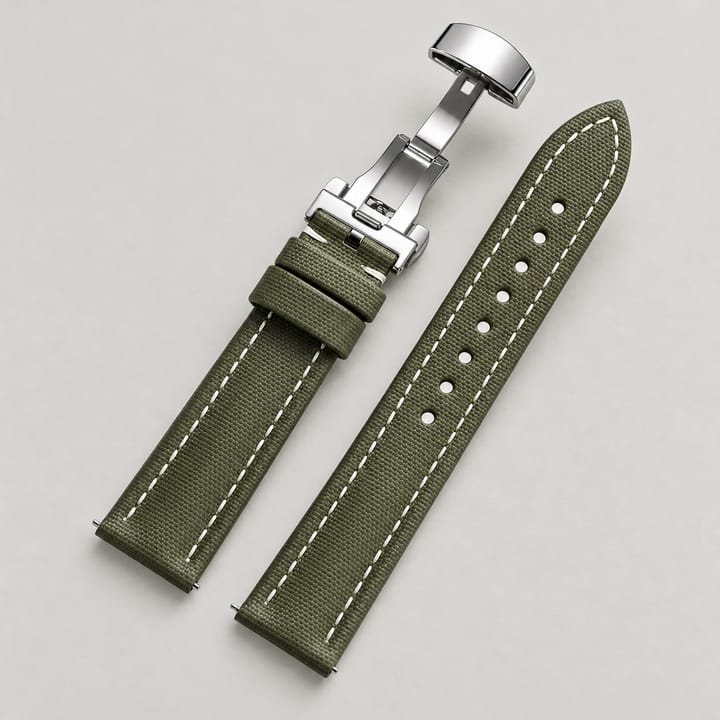 The Mooring in Olive/White: olive sailcloth watch band with white stitching and a silver-tone butterfly clasp
