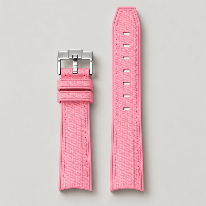 Pink Lunar rubber strap with a curved end and a silver pin buckle