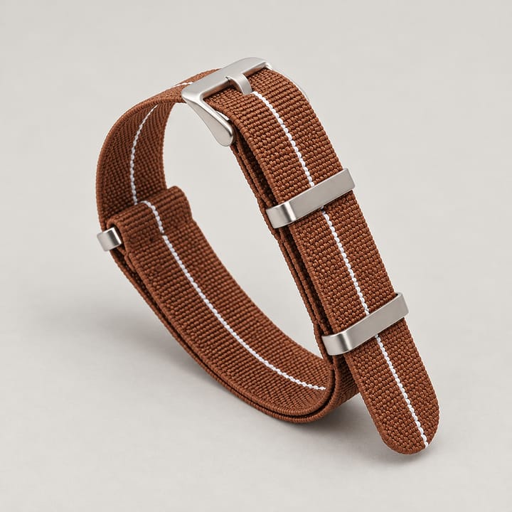 The Parachute Elastic NATO Strap, Brown with white stripe and steel hardware