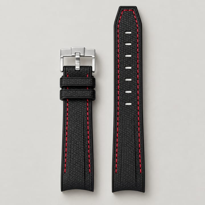 Black/Red Lunar strap with a red edge line and a silver pin buckle