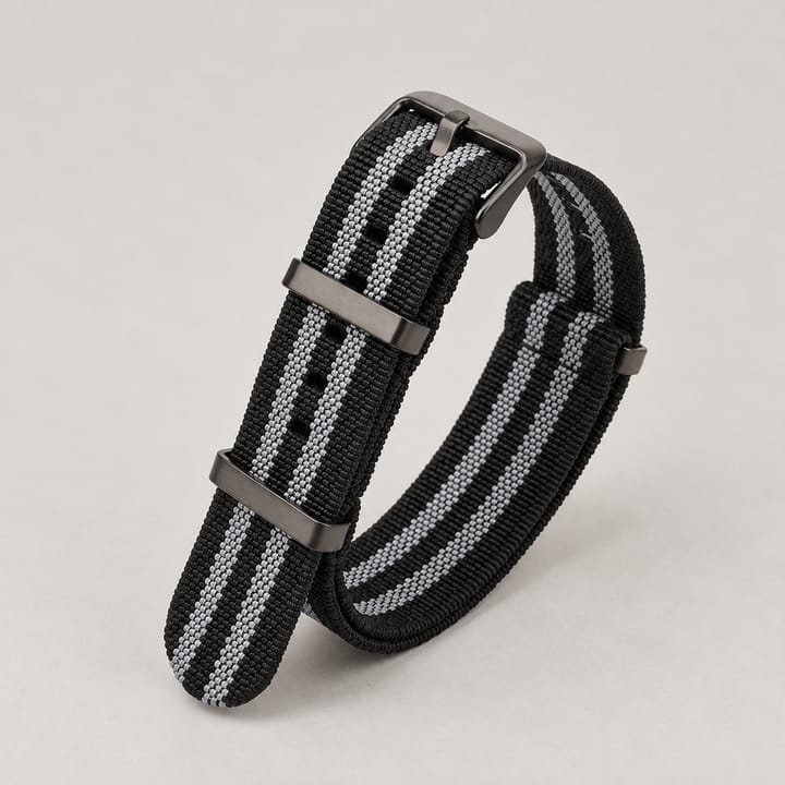The Parachute Elastic NATO Strap, Black and gray stripe with black hardware