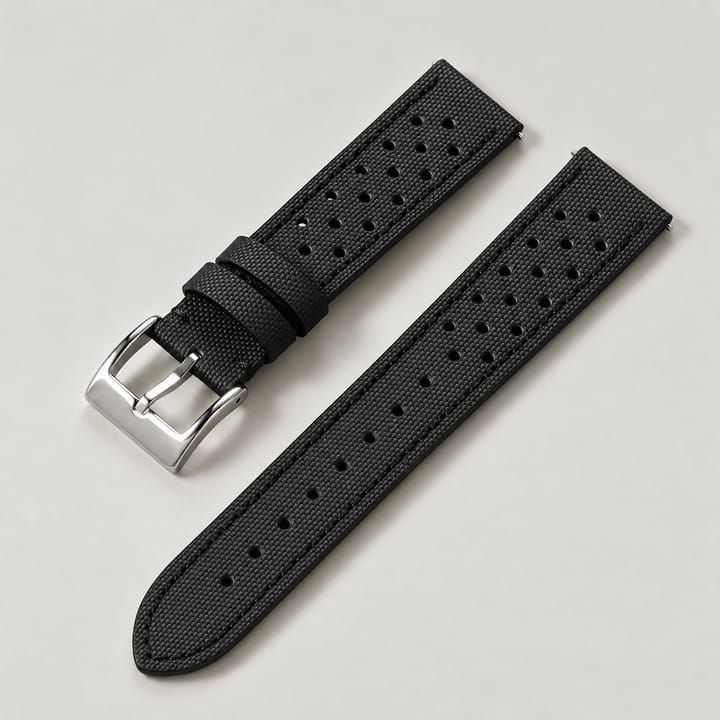The Rally in Black: perforated black sailcloth watch strap with tonal stitching