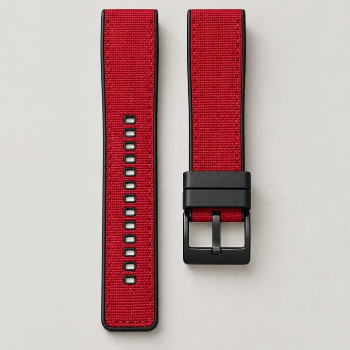The Bosun in Red/Black: red canvas with a matte black pin buckle
