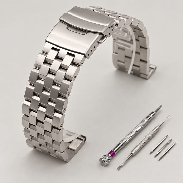 The Anvil in brushed silver steel with screw links, shown with its spring bar tool and screwdriver