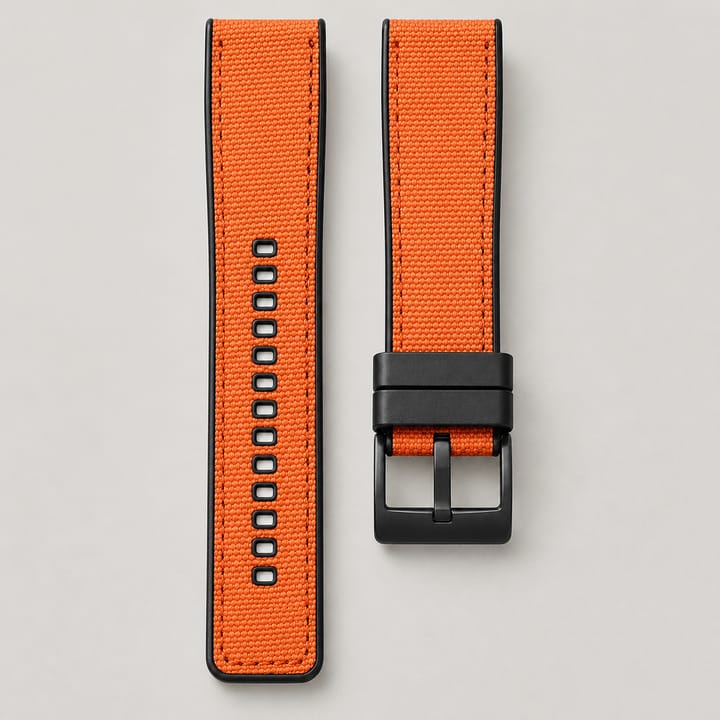The Bosun in Orange/Black: orange canvas with a matte black pin buckle