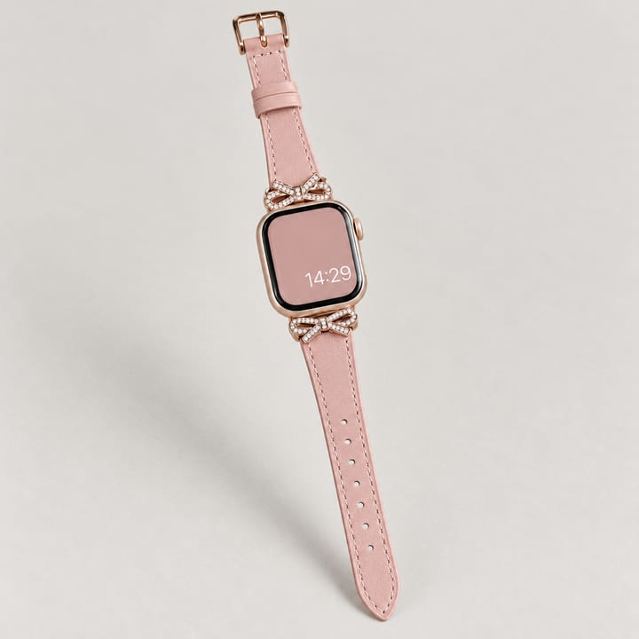 The Atelier in Pink with rose gold tone rhinestone bows and a matching buckle