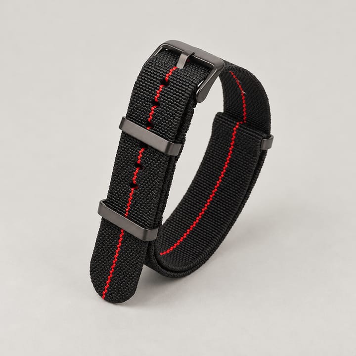 The Parachute Elastic NATO Strap, Black with red stripe and black hardware