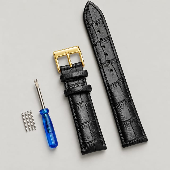 The Ledger Leather Watch Band, Black with gold buckle
