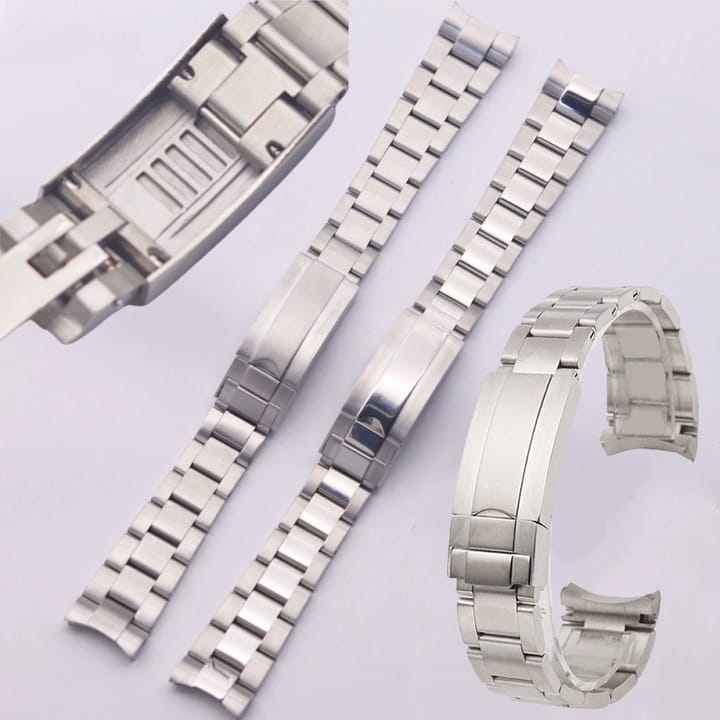 Mariner bracelets with curved end links, with a close-up of the clasp